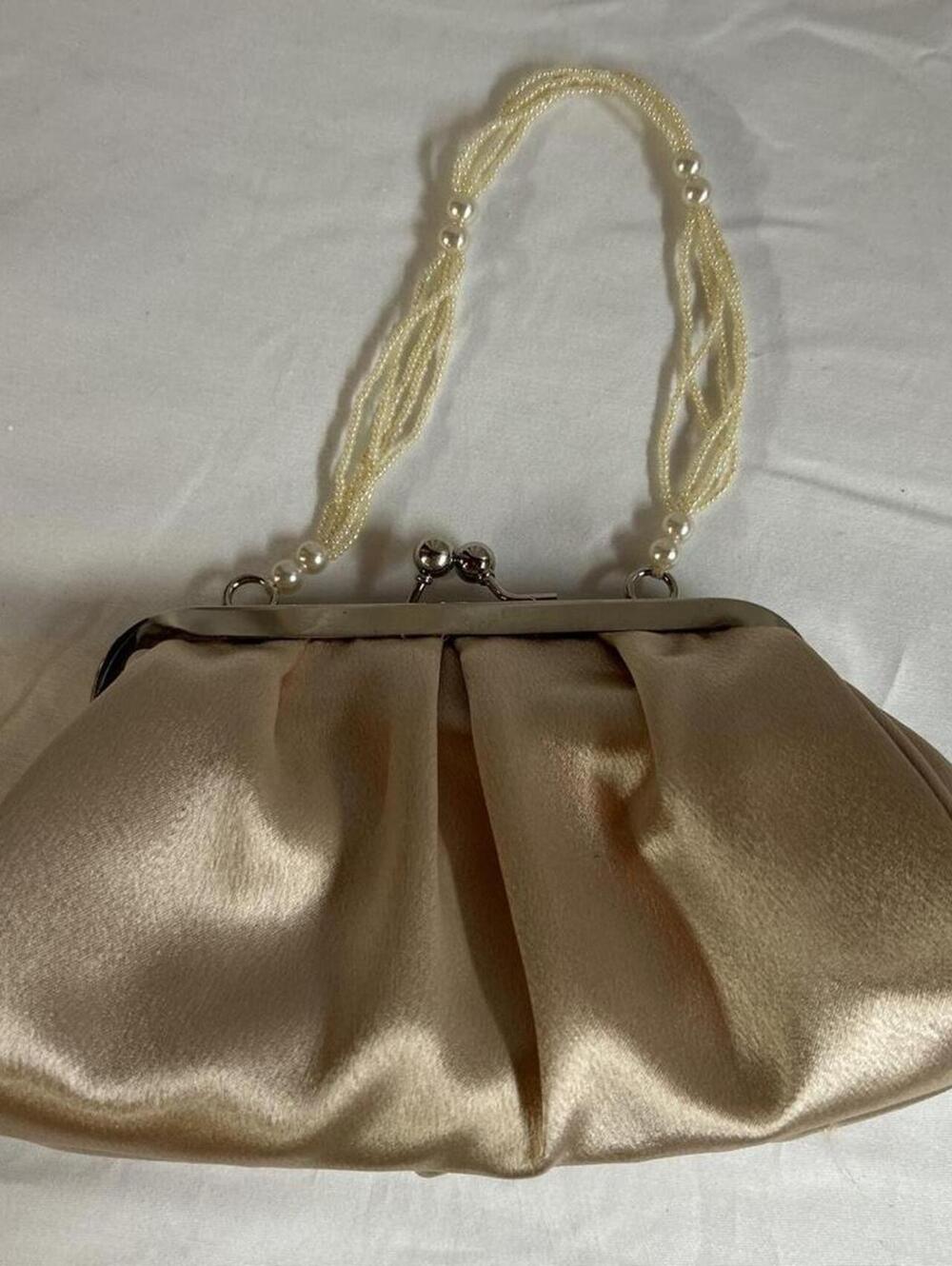 Womens Champagne Satin Faux Pearl Evening Clutch Bag OS